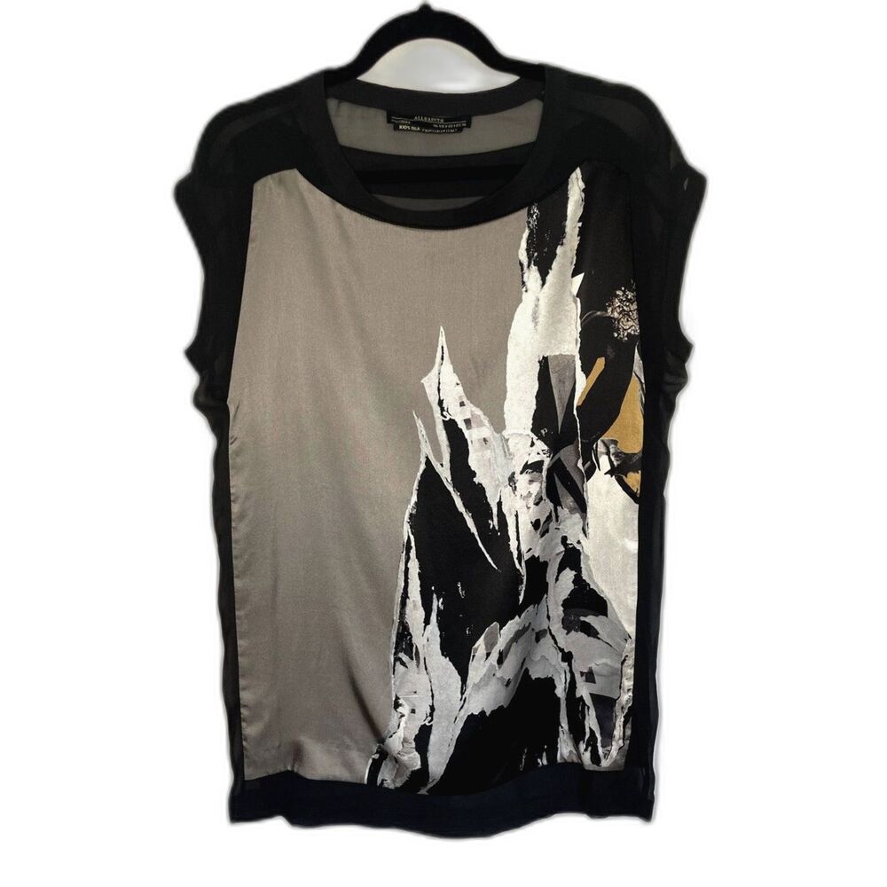 AllSaints Reverso Rip It Up Top / Tunic - Black and Gray Print Size 4
